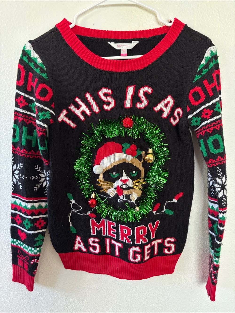 Holiday Cat Ugly Christmas Sweater with Tinsel Wreath